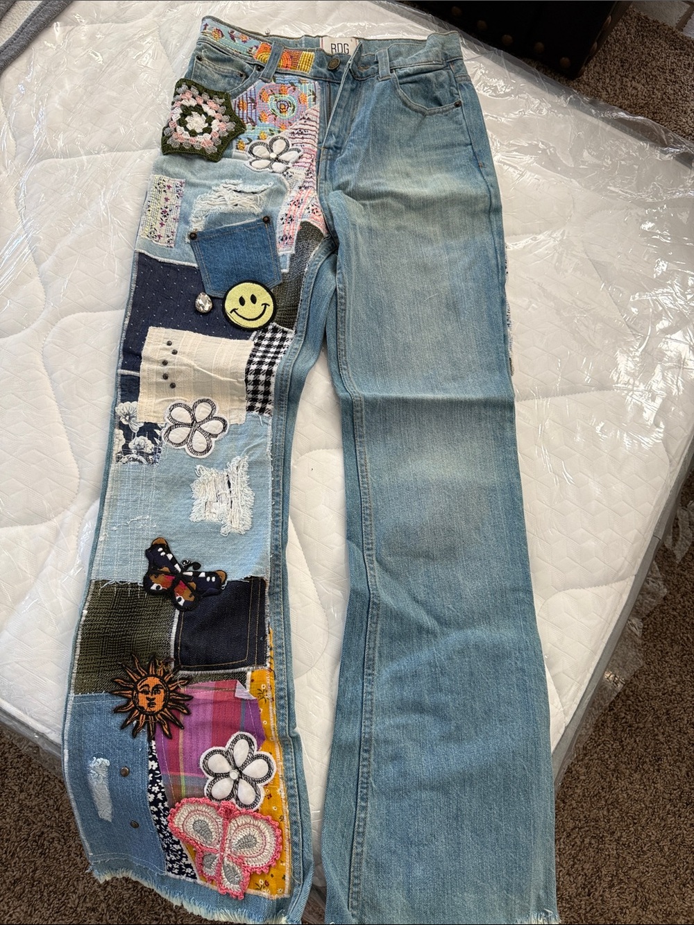 BDG Light Blue Patchwork & Embroidered Wide Leg Jeans